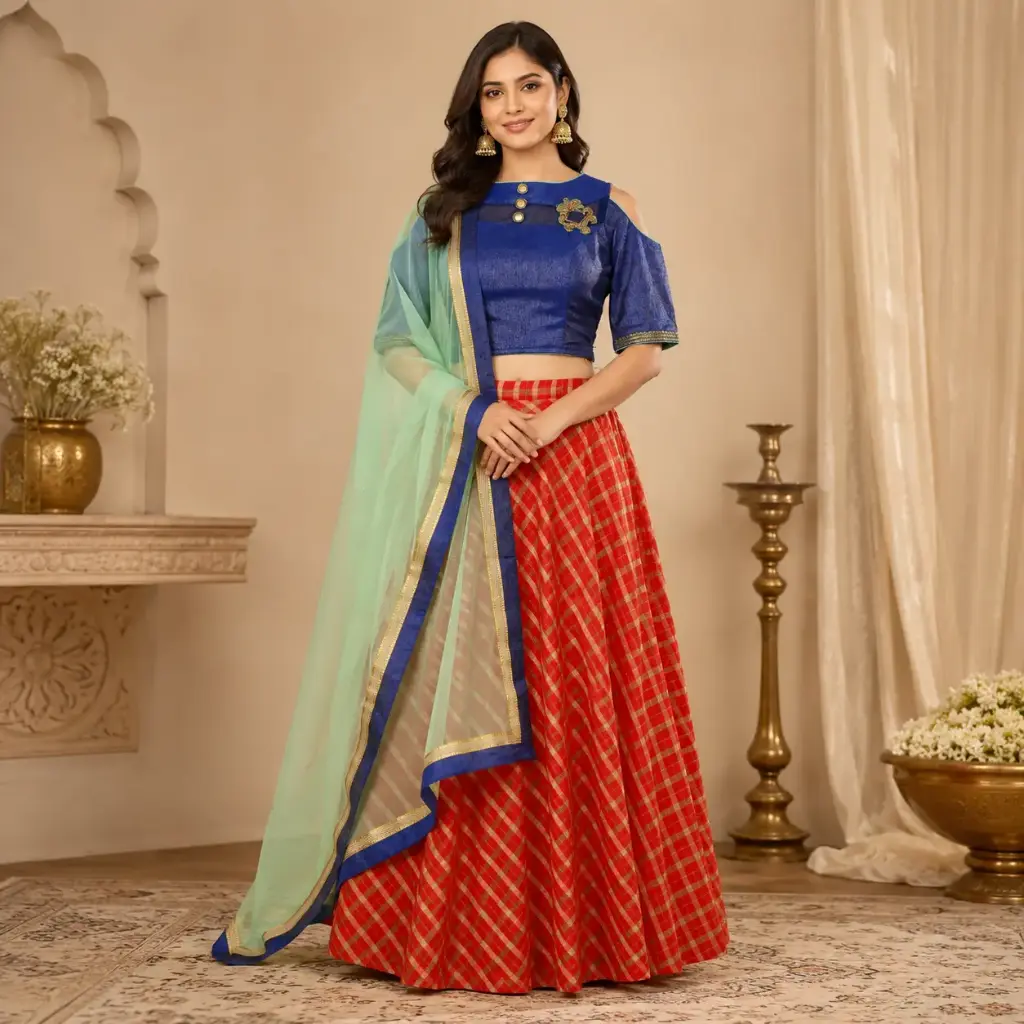 Women's Red Checkered Lehenga Choli with Navy Blouse and Mint Net Dupatta for Festive Party Wear Set