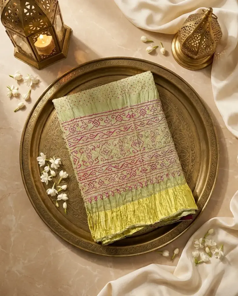 Pistachio Green Handcrafted Bandhani Silk Saree