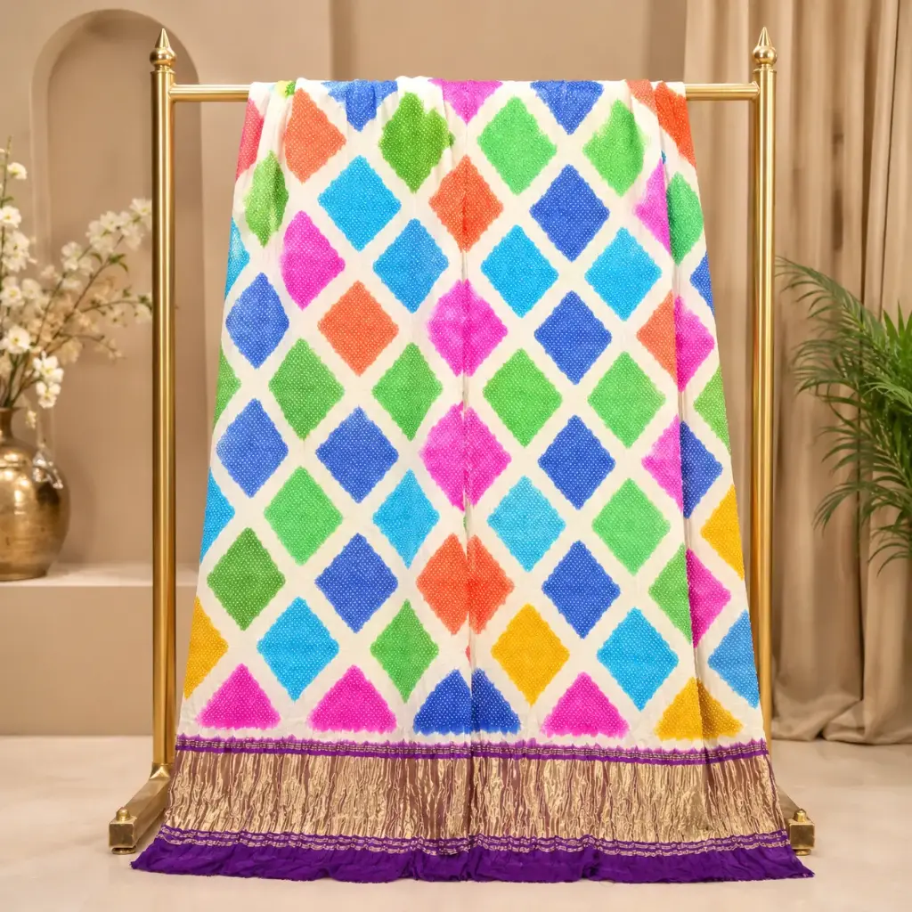 Women's Ivory Saree with Multicolor Diamond Bandhani Print and Purple Golden Border