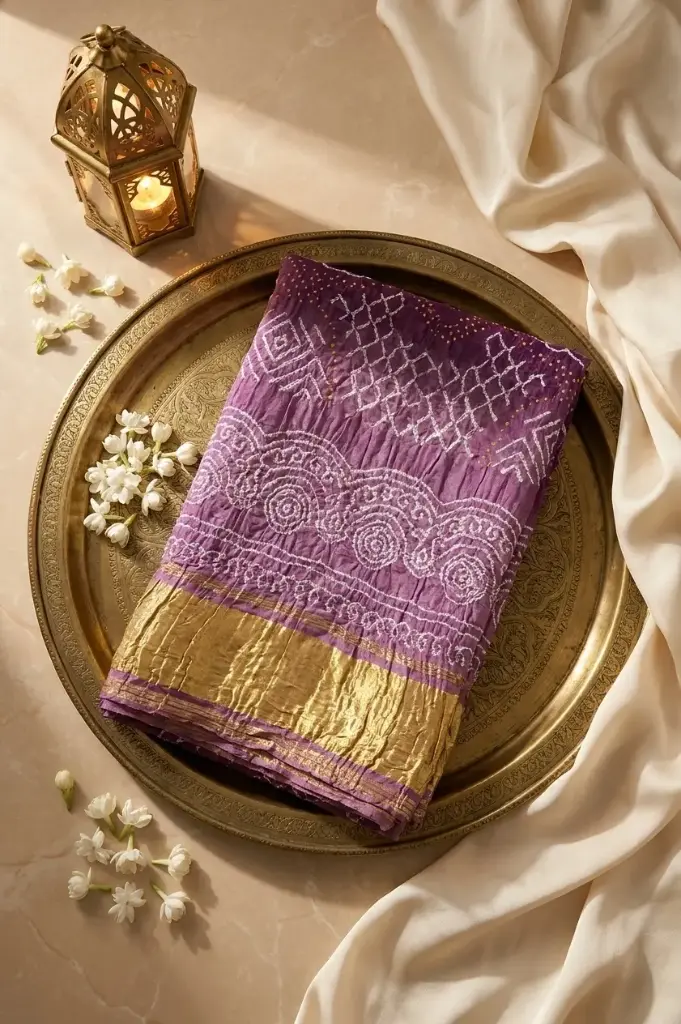 Dual-Tone Mauve and Purple Handcrafted Bandhani Silk Saree