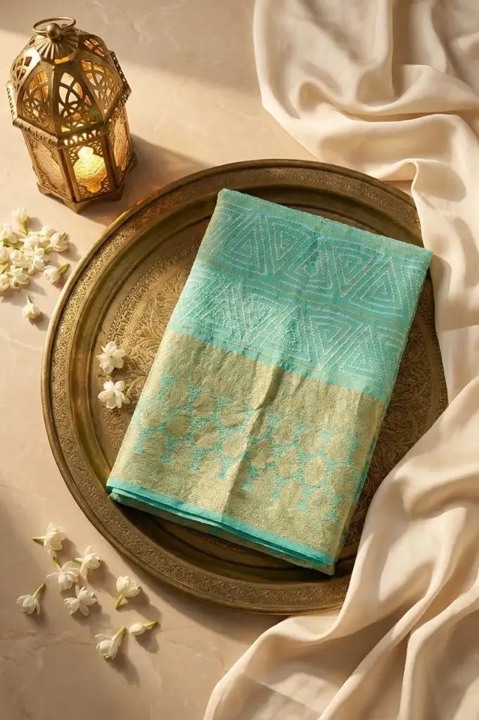 Sea Green Georgette Bandhani Saree with Gold Zari Border