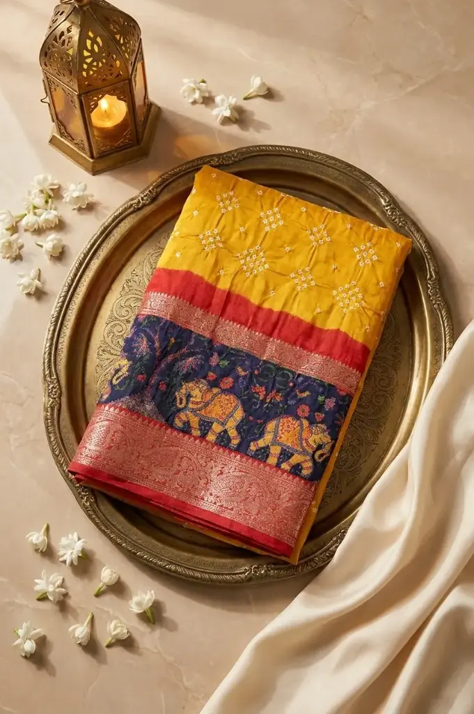 Mustard Yellow Silk Bandhani Saree with Banarasi Zari Border