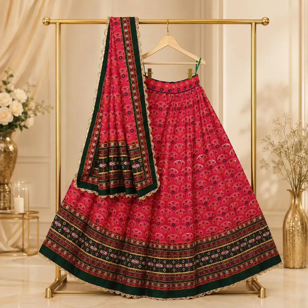 Women's Rani Pink Lehenga Choli with Green Border and Matching Dupatta