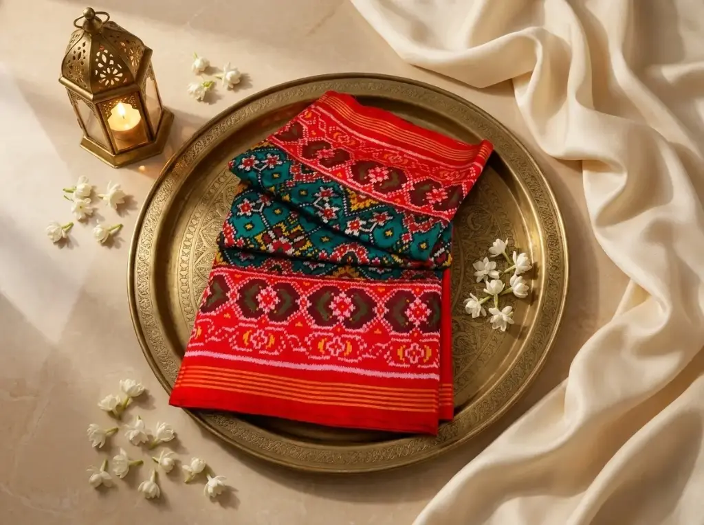 Teal and Crimson Red Pure Silk Patola Saree