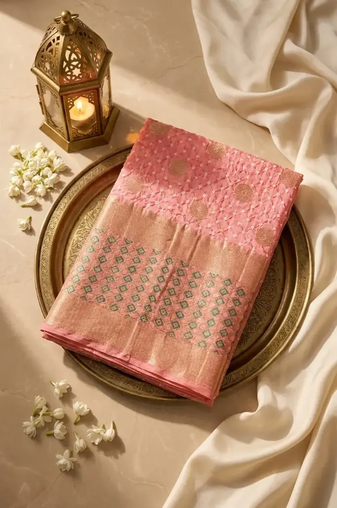 Peach Pink Bandhani Georgette Saree with Zari Border