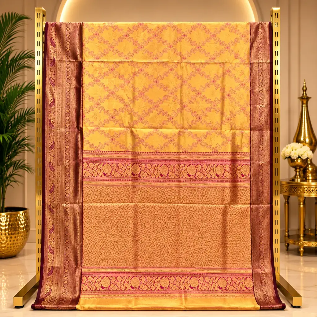 Elegant Golden Yellow Saree with Wine Paisley Border and Floral Woven Pallu