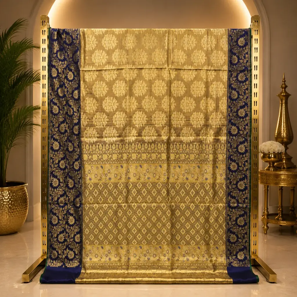 Elegant Golden Beige Saree with Navy Floral Border and Ornate Woven Pallu