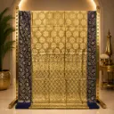 Elegant Golden Beige Saree with Navy Floral Border and Ornate Woven Pallu