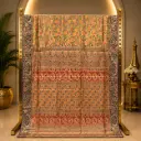 Elegant Beige Mosaic Saree with Navy Floral Border and Ornate Woven Pallu