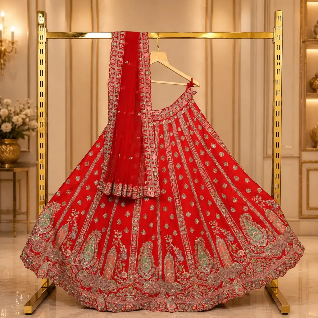 Women's Red Bridal Lehenga Choli with Paisley Embroidery, Sequins and Matching Dupatta