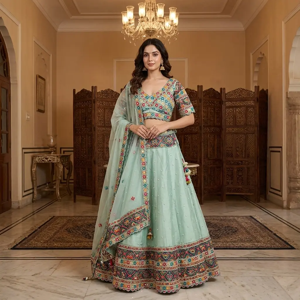 Mint Green Embroidered Silk Chanya Choli Lehenga Set