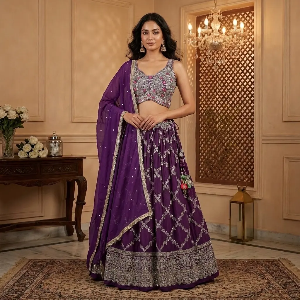 Royal Purple Embroidered Silk Lehenga Choli Set with Dupatta