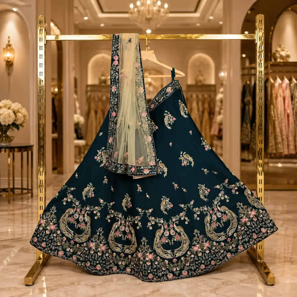 Women's Dark Teal Lehenga Choli with Floral Bird Embroidery and Net Dupatta