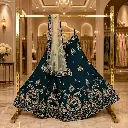 Women's Dark Teal Lehenga Choli with Floral Bird Embroidery and Net Dupatta