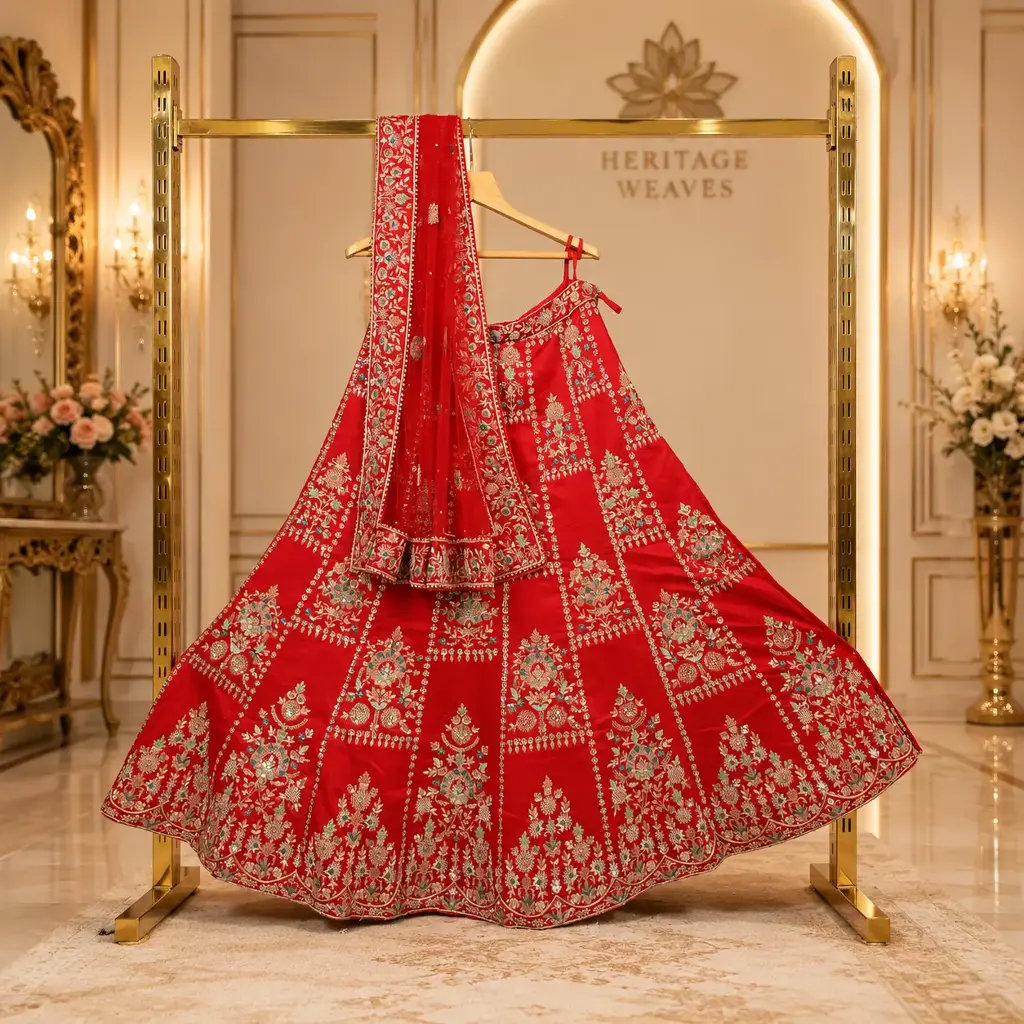 Women's Red Bridal Lehenga Choli with Floral Embroidery and Matching Dupatta