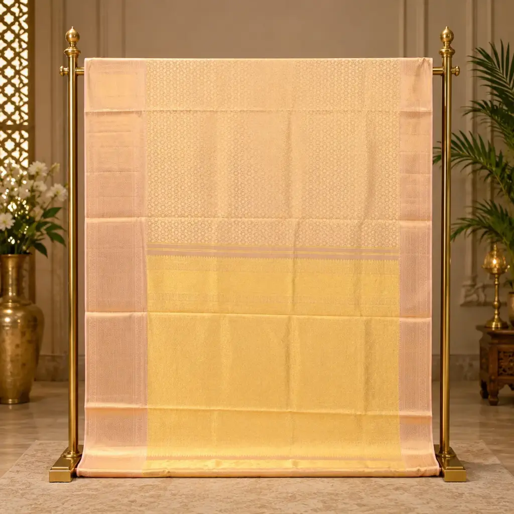 Elegant Ivory Gold Woven Saree with Blush Pink Border and Ornate Pallu