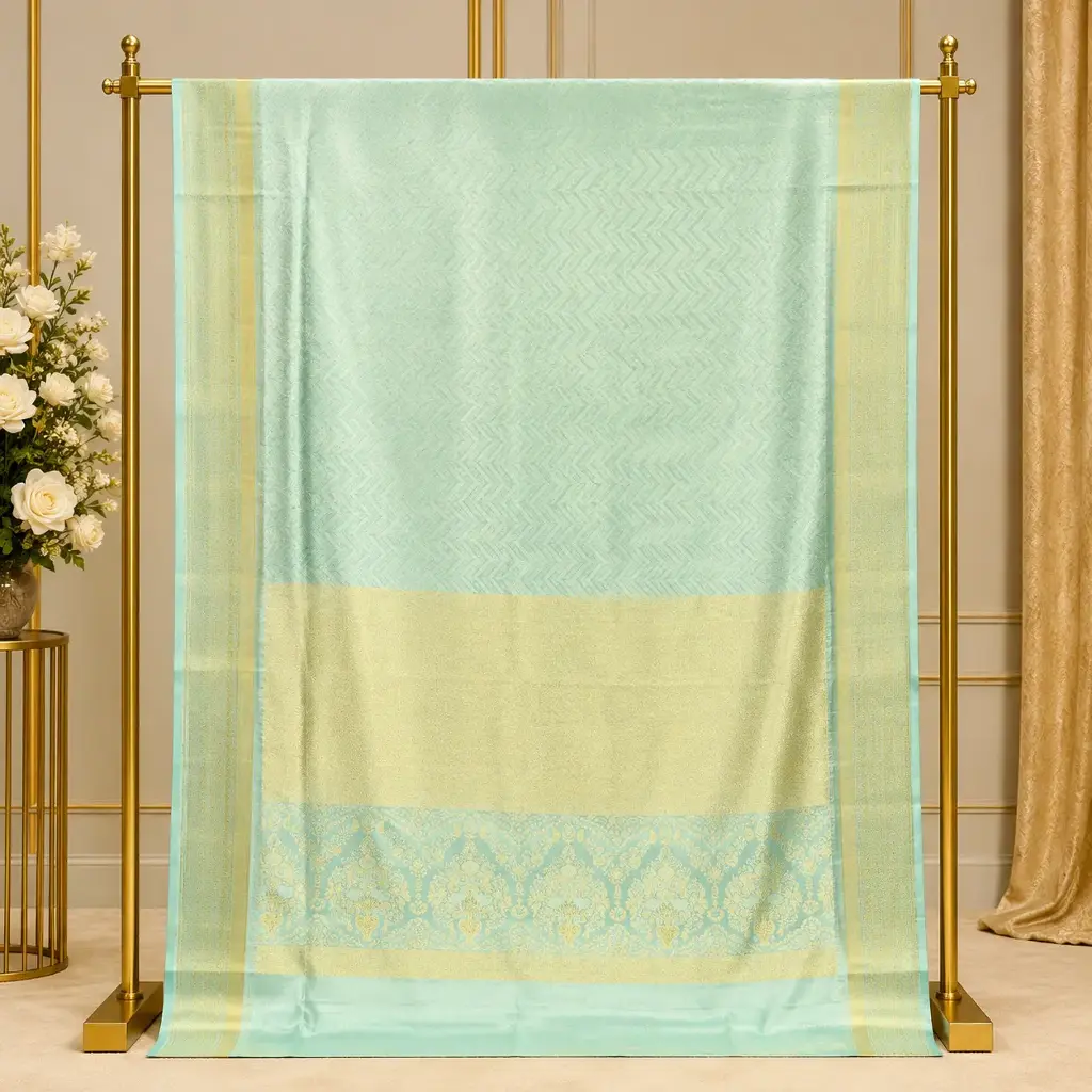 Mint Green Woven Saree with Golden Border and Chevron Design