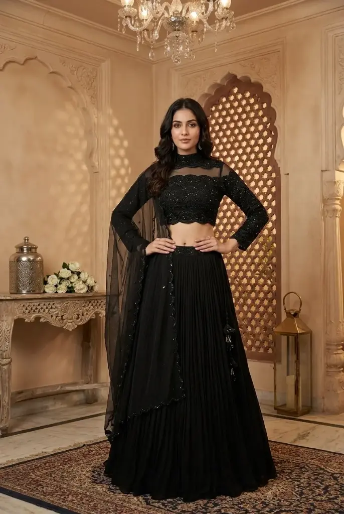 Midnight Black Embroidered High-Neck Crop Top Lehenga Set