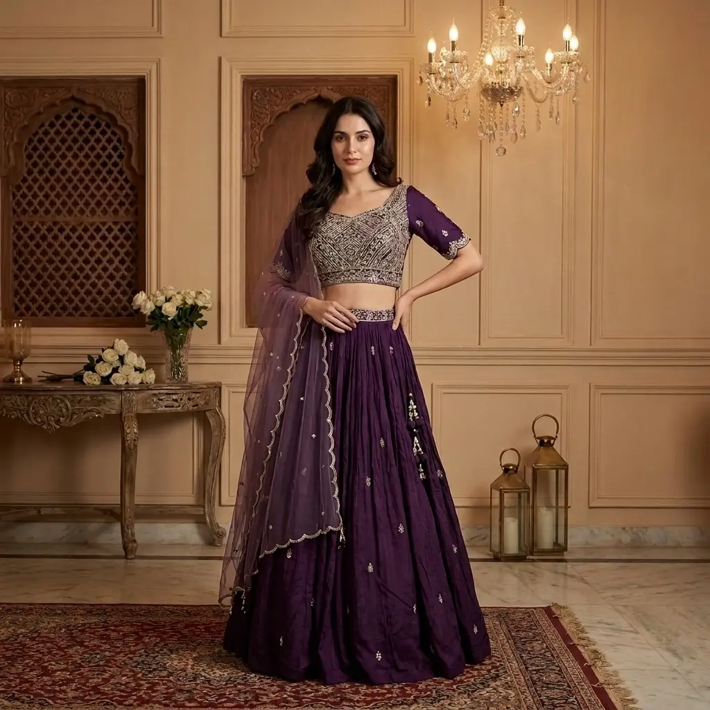 Royal Plum Silk Embroidered Lehenga Choli Set with Dupatta