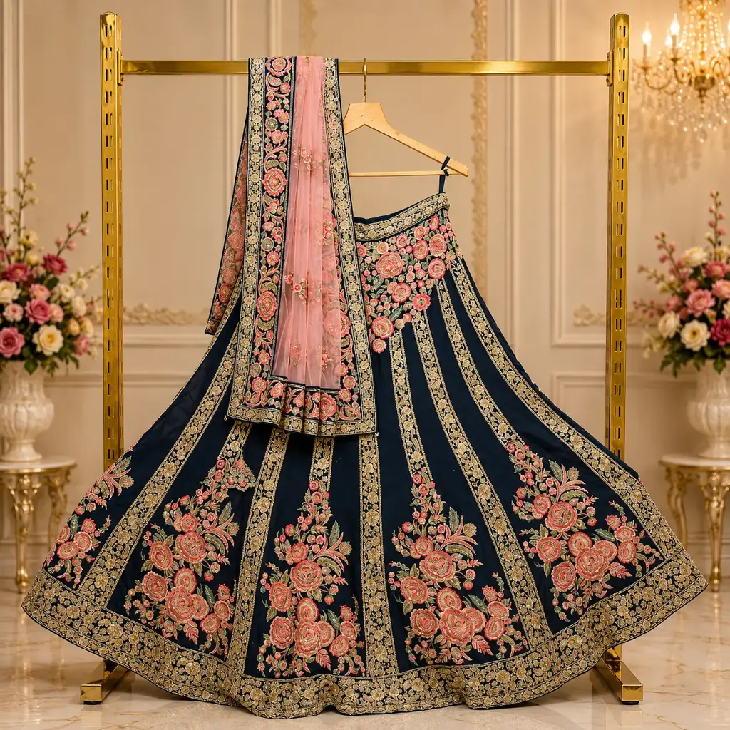 Women's Navy Blue Floral Embroidered Lehenga Choli with Pink Dupatta