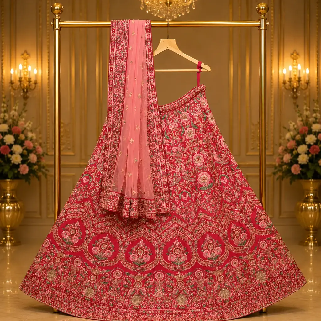 Women's Pink Floral Embroidered Lehenga Choli with Blush Dupatta