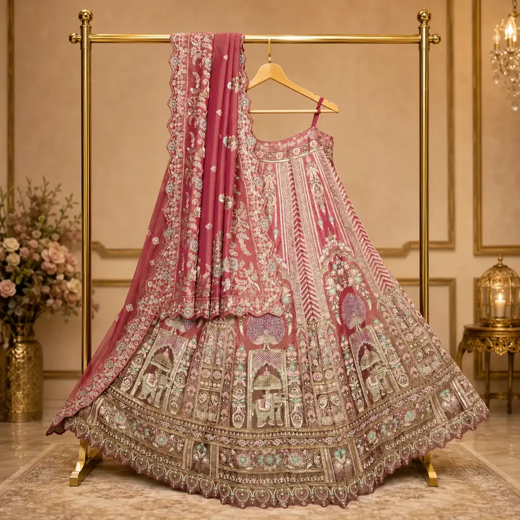 Women's Dusty Rose Embroidered Bridal Lehenga Choli with Matching Dupatta