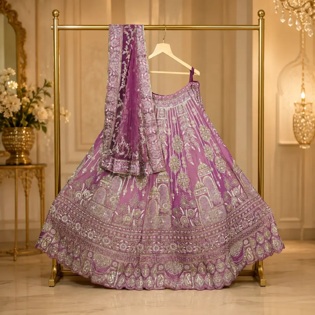 Mauve Bridal Lehenga Choli with Gold Embroidery and Matching Net Dupatta