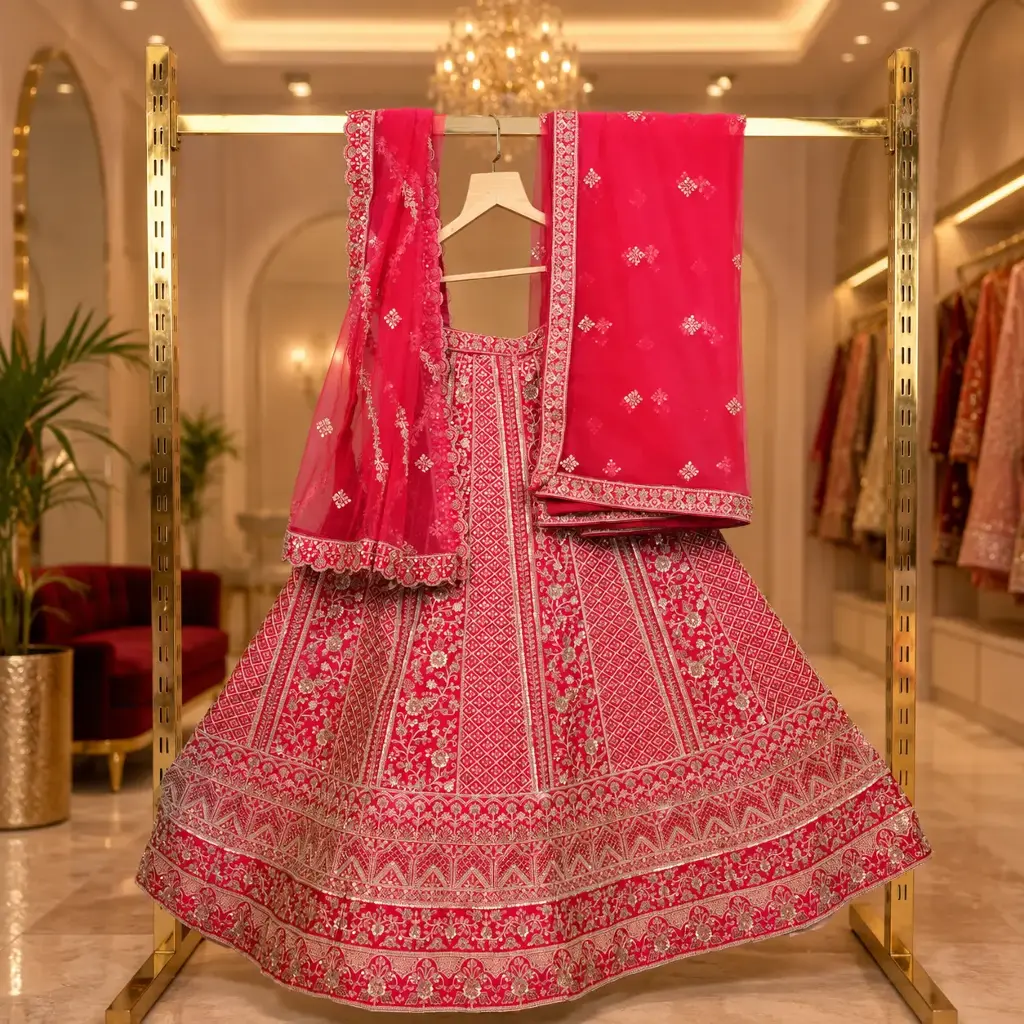 Women's Pink Bridal Lehenga Choli with Gold Embroidery and Net Dupatta