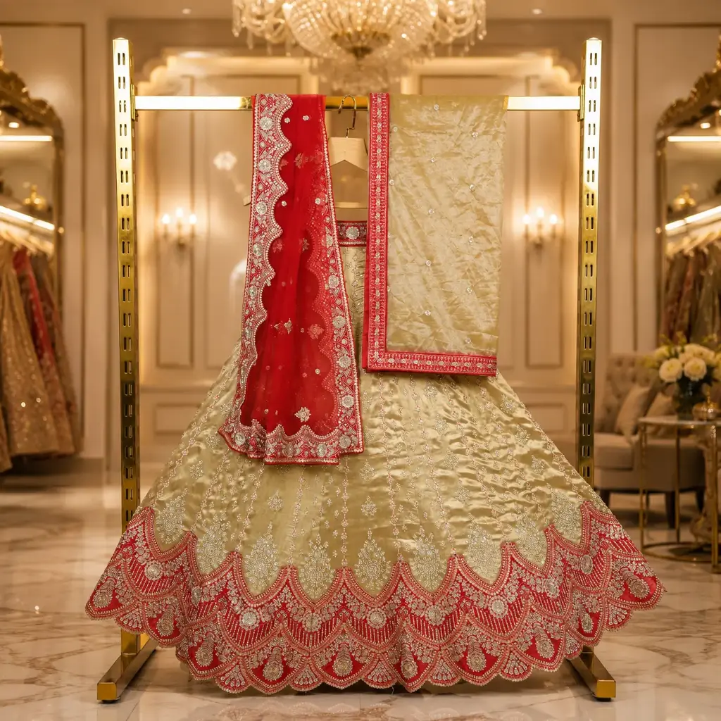 Women's Beige Lehenga Choli with Red Embroidery and Matching Dupatta