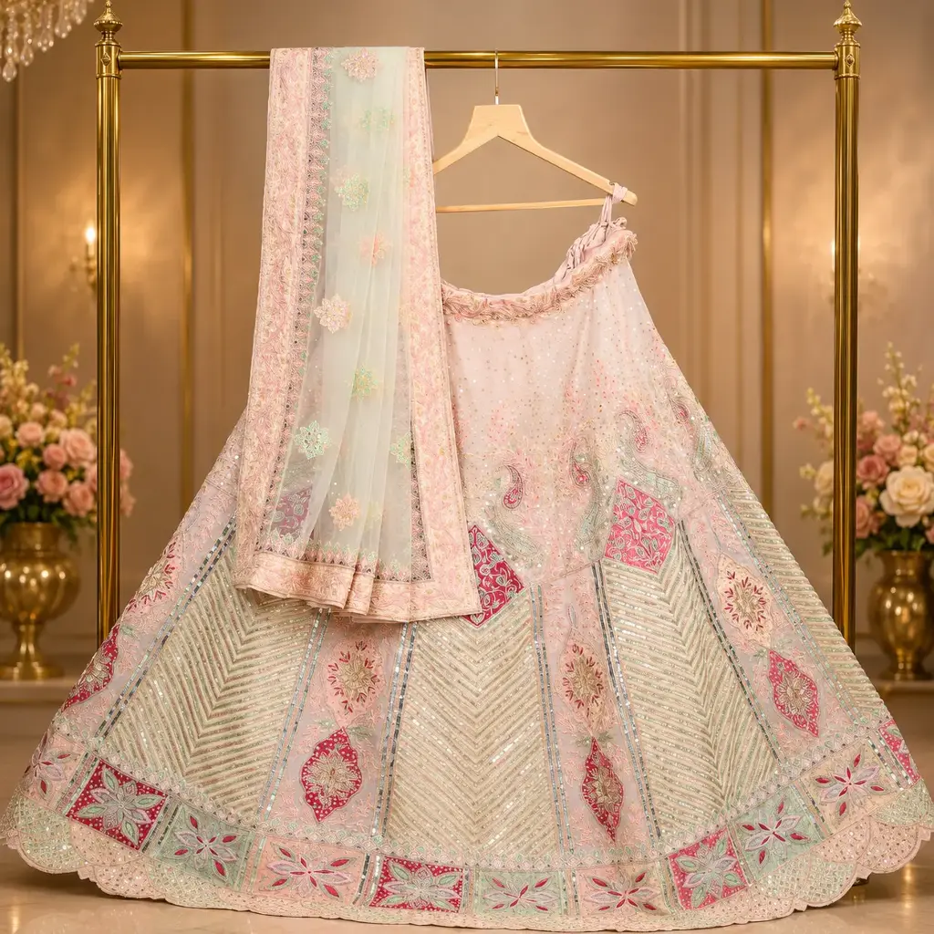 Pastel Peach Bridal Lehenga Choli with Sequin Work and Mint Net Dupatta