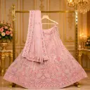 Women's Blush Pink Bridal Lehenga Choli with Peacock Embroidery, Sequins and Embroidered Net Dupatta