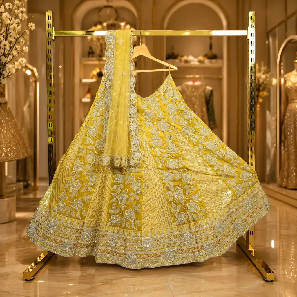 Women's Mustard Yellow Lehenga Choli with Silver Floral Work & Matching Net Dupatta