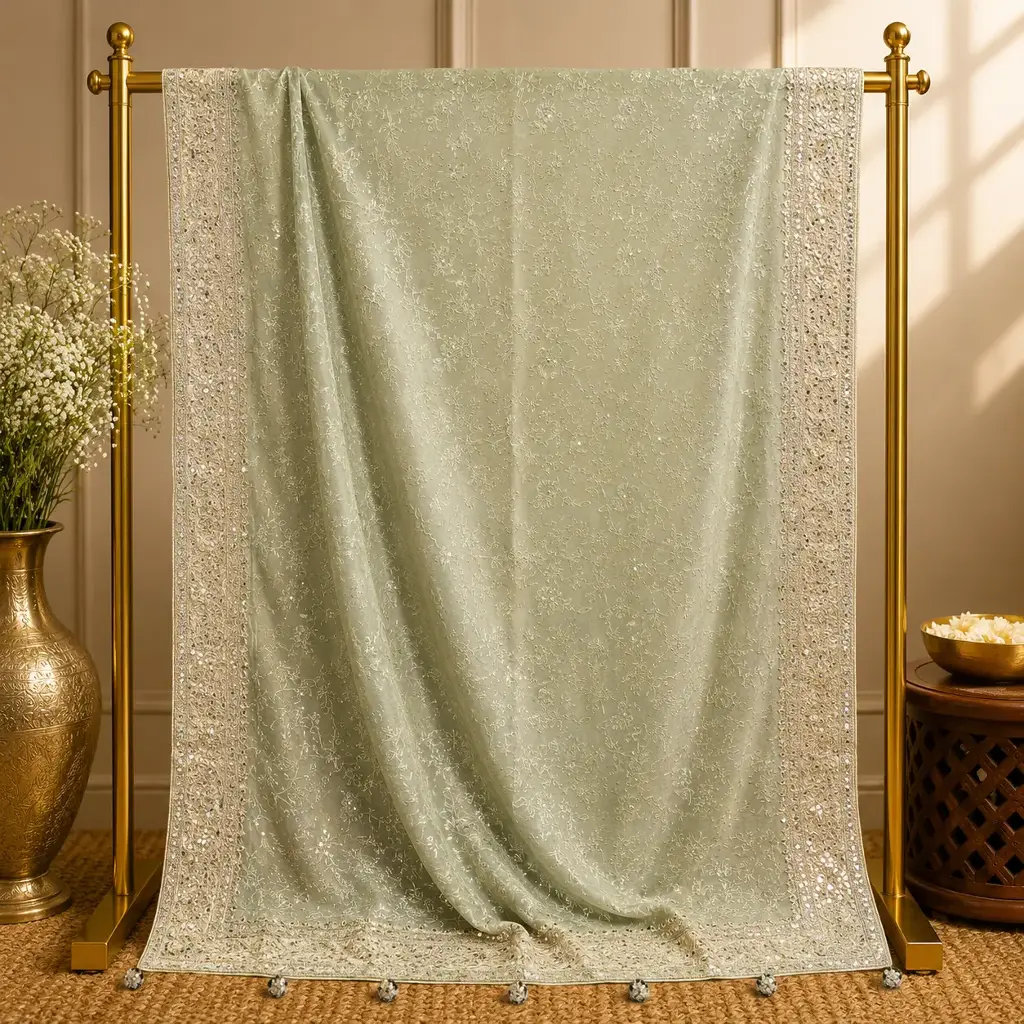 Sage Green Sequin Embroidered Saree with Silver Floral Border