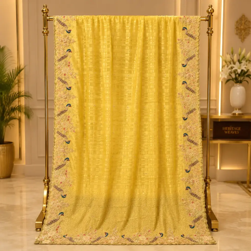 Women's Mustard Yellow Saree with Peacock Floral Embroidered Border