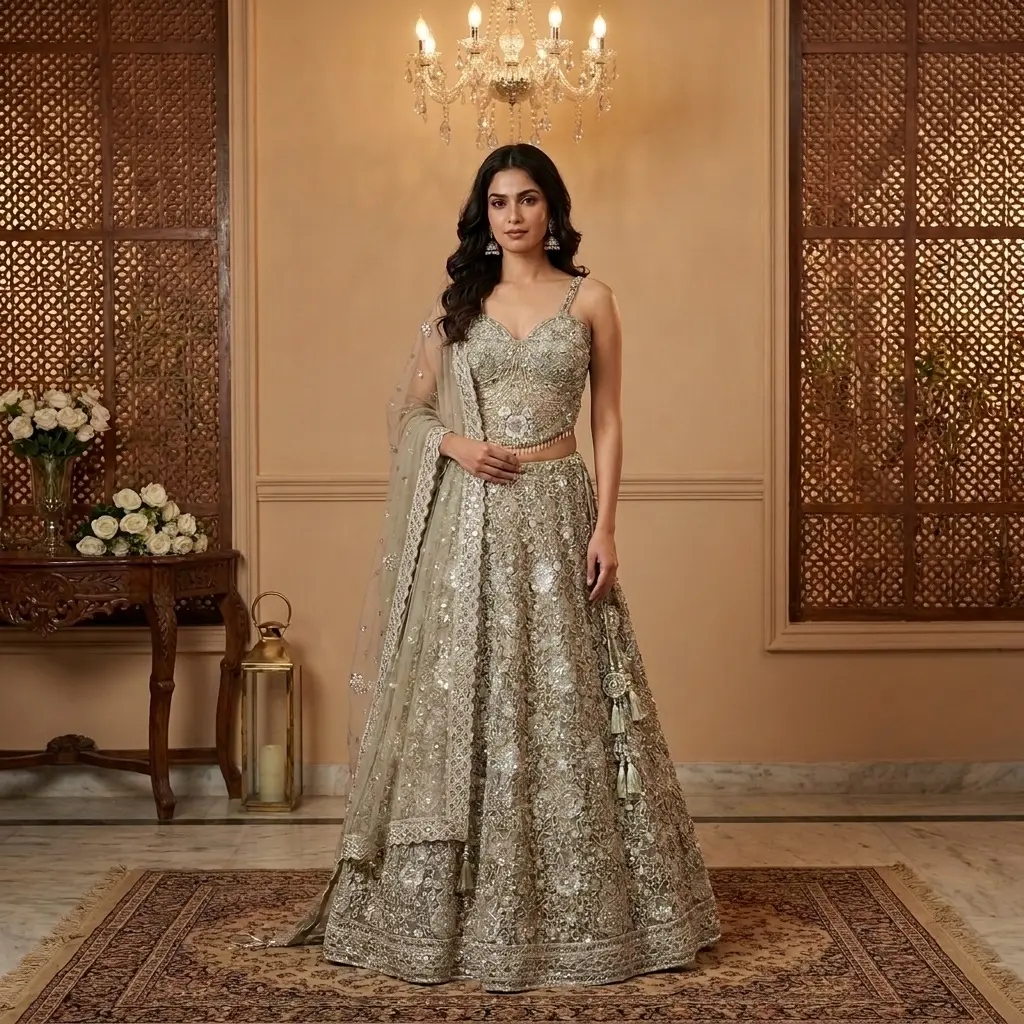 Dusty Sage Green Embroidered Corset Lehenga Choli Set 