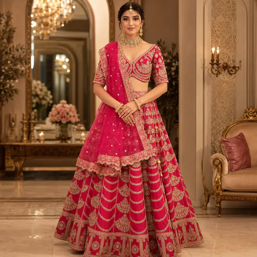Women's Rani Pink Gold Embroidered Lehenga Choli with Net Dupatta