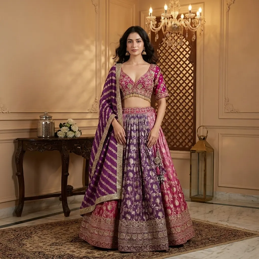 Magenta and Purple Brocade Silk Embroidered Lehenga Choli Set