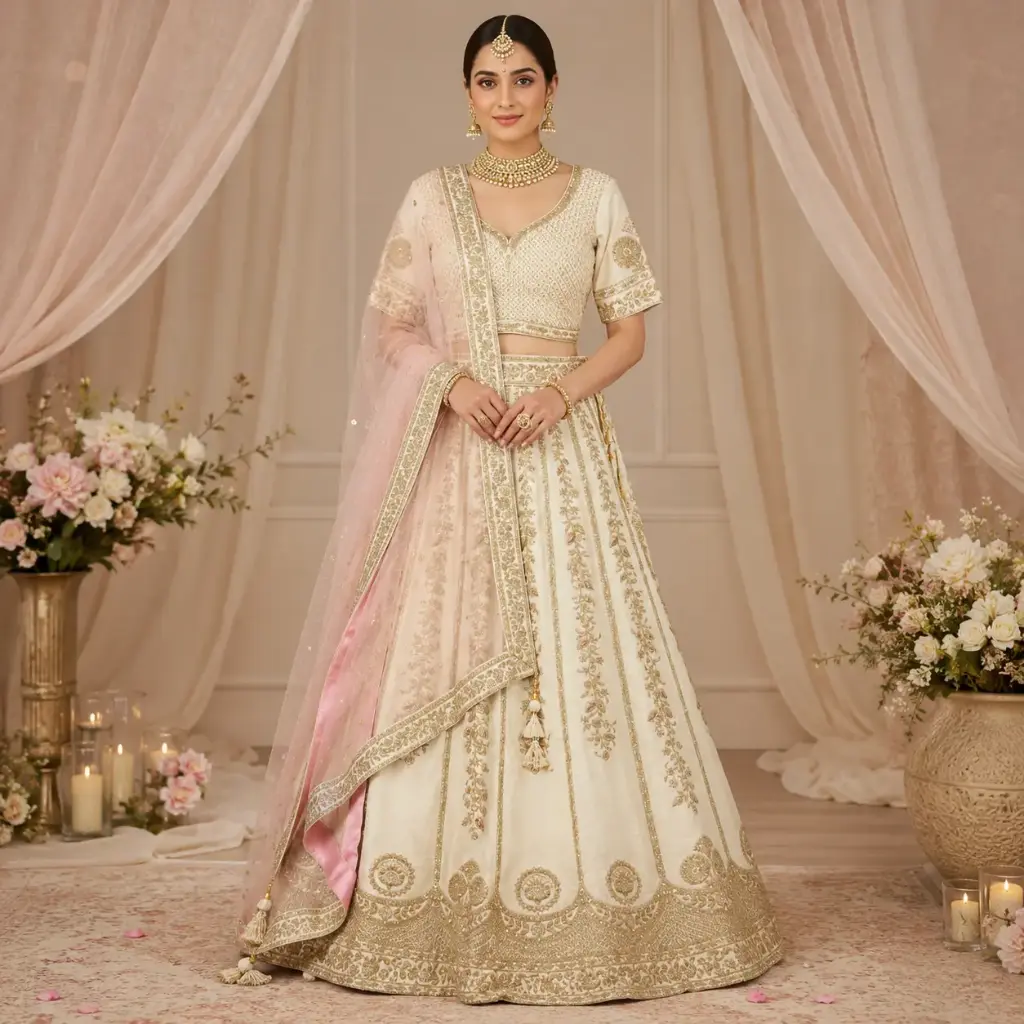 Women's Ivory Gold Embroidered Lehenga Choli with Pink Net Dupatta for Wedding and Festive Wear Set