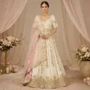 Women's Ivory Gold Embroidered Lehenga Choli with Pink Net Dupatta for Wedding and Festive Wear Set