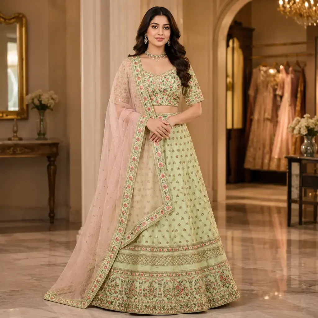 Women's Pastel Green Floral Lehenga Choli with Pink Net Dupatta