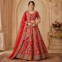 Women's Red Embroidered Lehenga Choli with Net Dupatta for Bridal Wedding and Festive Party Wear Set