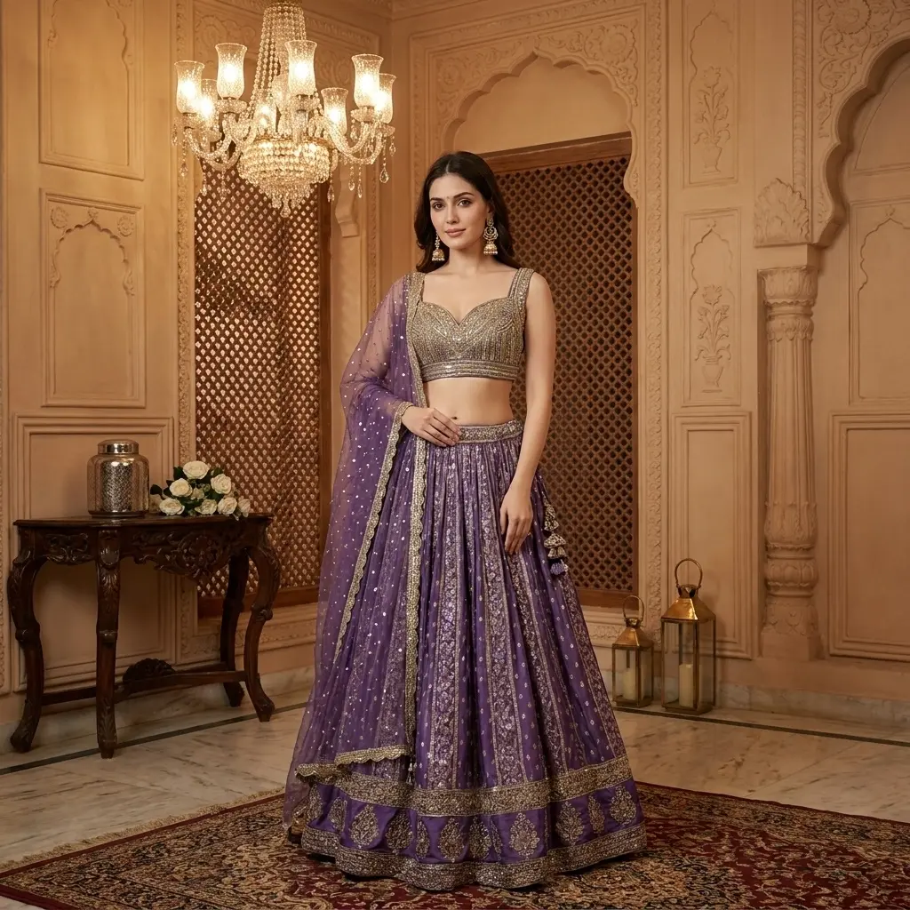 Purple Embroidered Silk Lehenga Choli with Net Dupatta