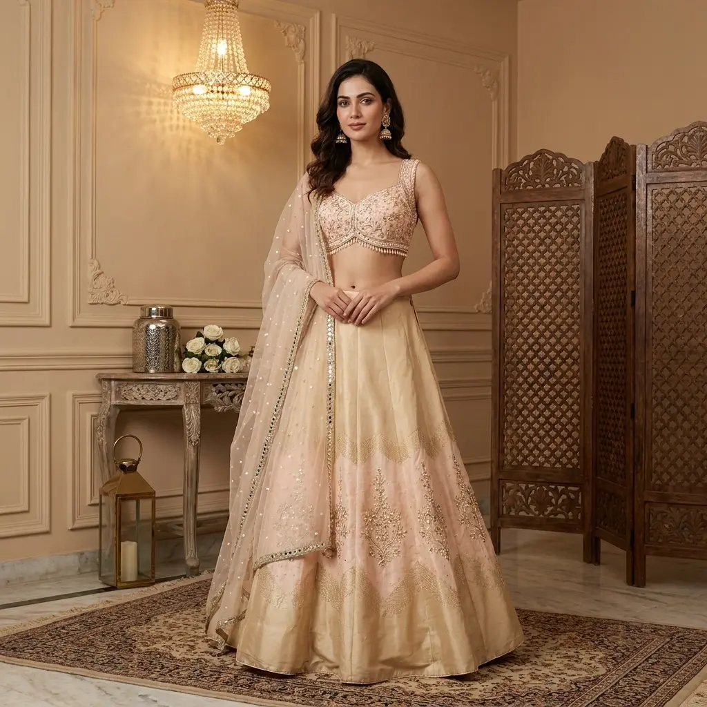 Peach and Champagne Gold Embroidered Silk Lehenga Choli Set