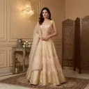Peach and Champagne Gold Embroidered Silk Lehenga Choli Set