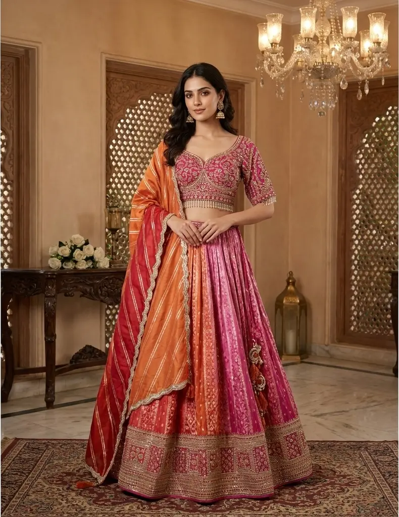 Rani Pink and Ombre Silk Handcrafted Bridal Lehenga Set 