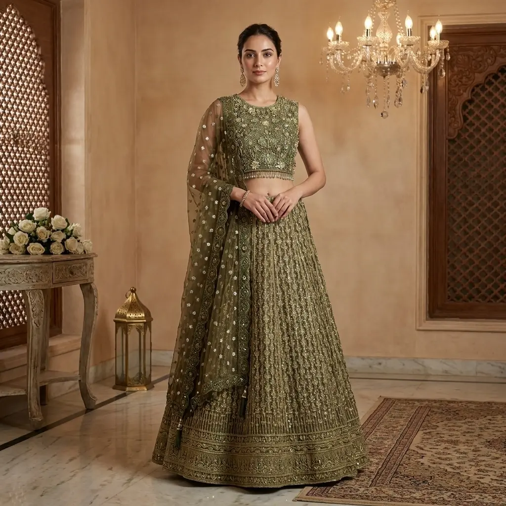 Mehendi Green Embroidered Crop Top Lehenga Set with Dupatta