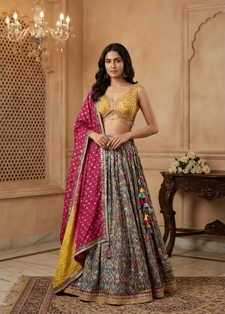 Grey Printed Silk Lehenga with Embellished Yellow Choli