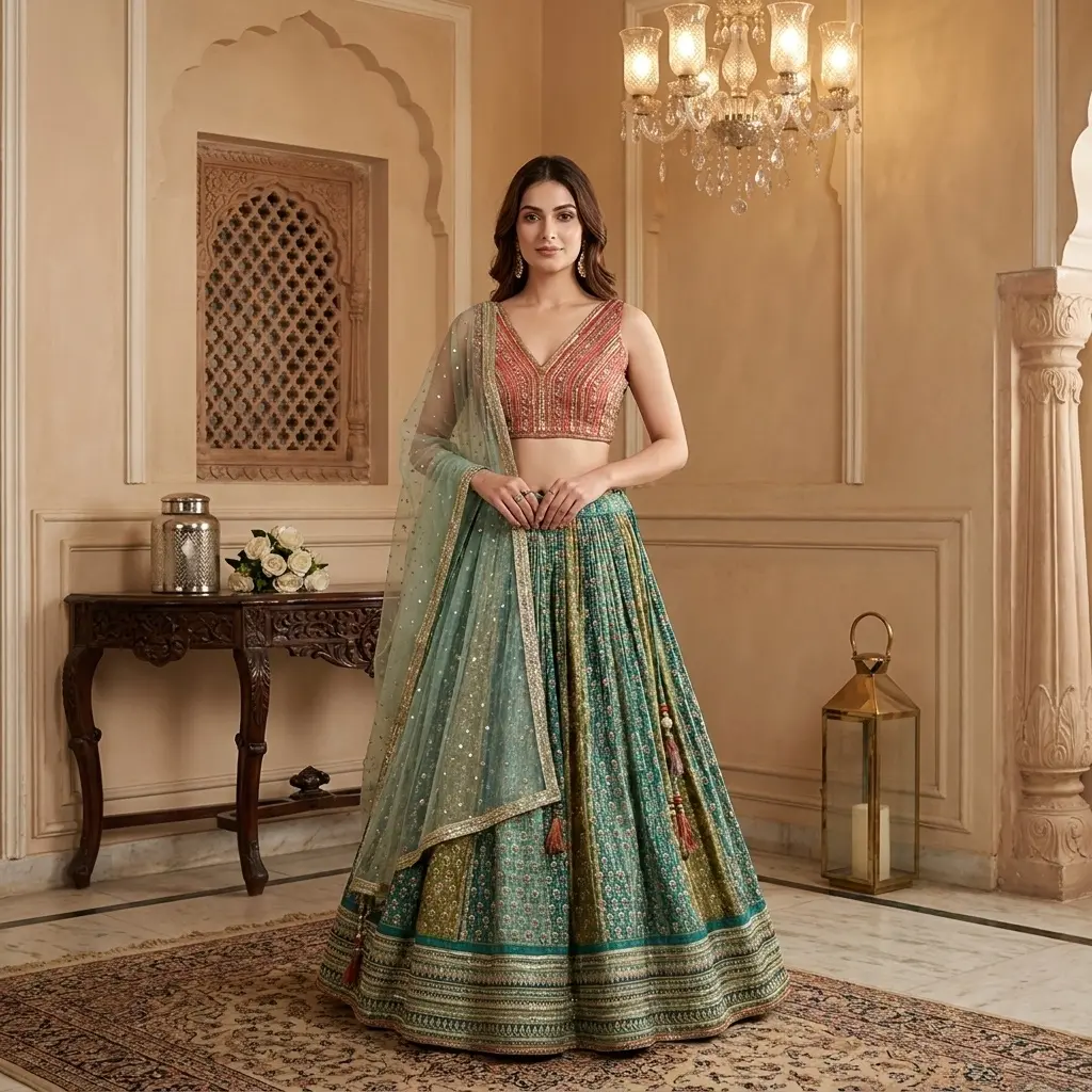 Rama Green Pleated Lehenga Set with Embellished Red Blouse