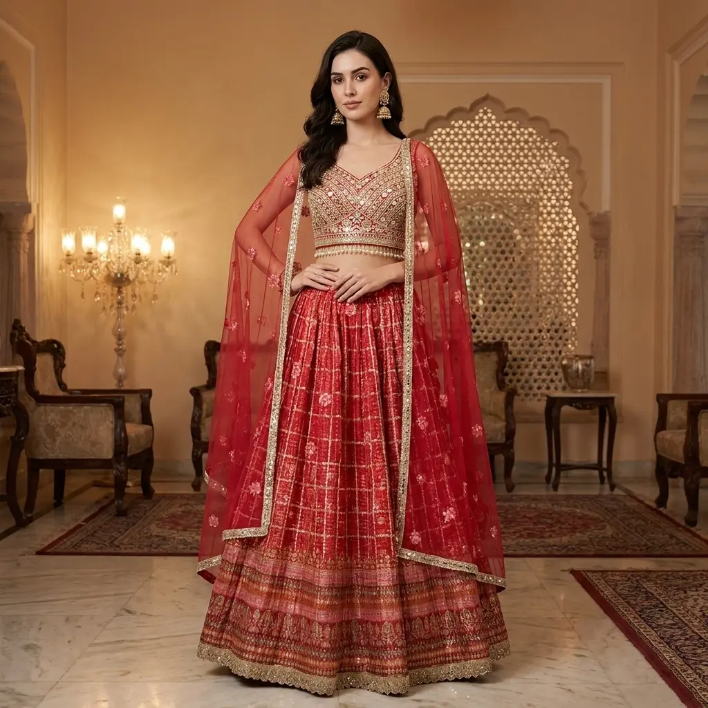 Rani Red Bandhani Print Lehenga Set with Embroidered Choli