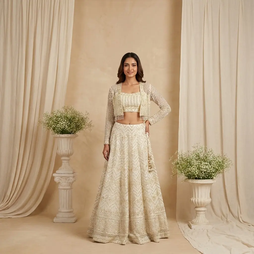 Off White Sequin Embroidered Crop Top Skirt with Jacket